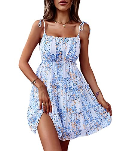 Mansy Womens Floral Mini Dress Boho Flowy Skater Dresses Short Sleeveless Ruffle Spaghetti Strap Dress Blue