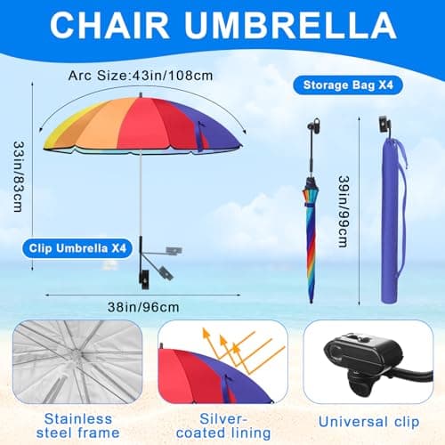 Cosblank 4 Pack Beach Chair Umbrella with Clamp, 43 Inch Arc Adjustable Universal Clamp on Umbrella UPF 50+ Sun Protection, for Beach Patio Stroller Chair(Fresh) thumbnail 2