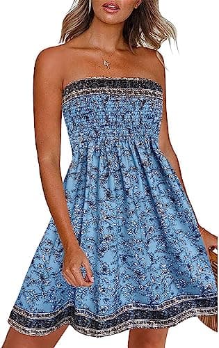 Women’s Summer Dresses Beach Cover ups Casual Strapless Boho Floral Swing Sundress (BK-Blue,L)