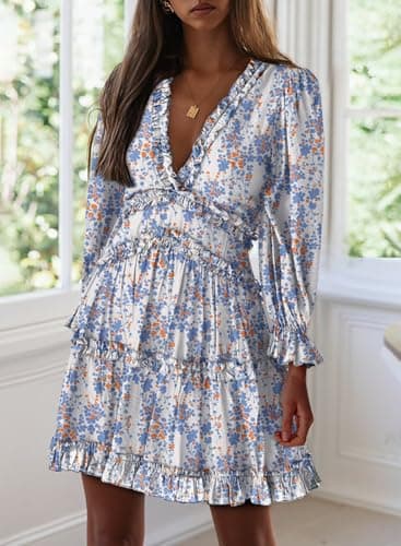 Dokotoo Womens Sun Casual V Neckline Long Sleeve Open Back Floral Print Mini Dress Bohemian Fashion Skater A Line Ruffle Hem Beach Dresses White Medium thumbnail 3
