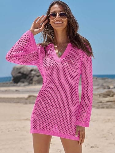 ANRABESS Women Swimsuit Crochet Swim Cover Up Summer Bathing Suit Swimwear Polo V Neck Mesh Knit Beach Dress Vacation Outfits Hot Pink X-Large thumbnail 2