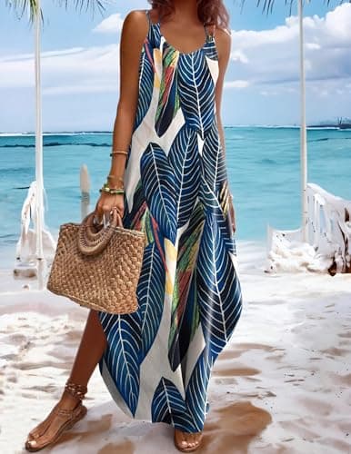 Zeagoo Maxi Dress for Women 2025 Beach Split Long Loose Camisole Spaghetti Strap Summer Vacation Dress Leaf S thumbnail 2