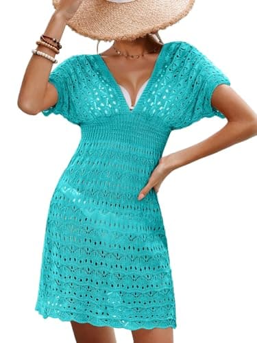 AI'MAGE Beach Cover Ups for Women Summer Sexy Swim Cover Ups Crochet Knit Beach Mini Dress, Medium Turquoise
