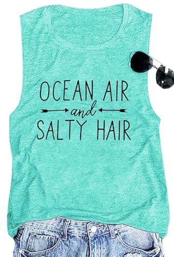 FBPQJYW Beach Tank Tops for Women: Ocean Air and Salty Hair Shirt Cruise Shirts Salt Beach Sleeveless Tank Summer Vacation Shirt, Medium, Lakegreen