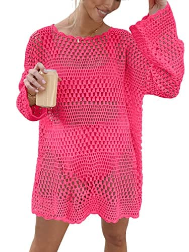 Prinbara Crochet Cover Up for Women Swimsuit Summer Bathing Suit 2025 Swim Hollow Out Bikini Swimwear Mesh Knit Beach Dress Rose Large