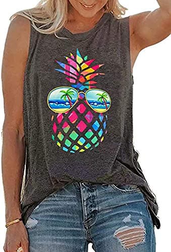 rosemia Tank Tops for Women Summer Graphic Pineapple Tshirts Sleeveless Casual Ladies Tunic Blouse(Pineapple Dark Grey, L)