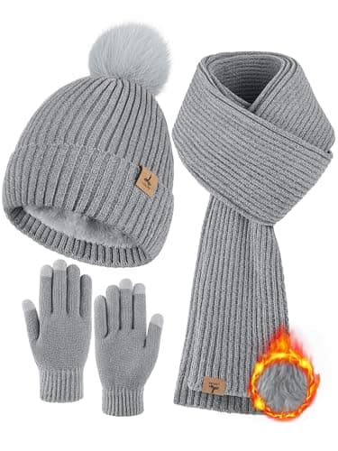 Winter Warm Hat Scarf and Touch Screen Gloves Set, Knitted Pom Beanie Hat Neck Warmer Long Scarf Winter Gloves for Women Men