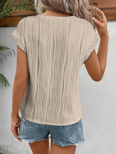 ATHMILE Summer Tops for Women 2025 Trendy Crewneck Work Blouses Beach Shirts Apricot thumbnail 3