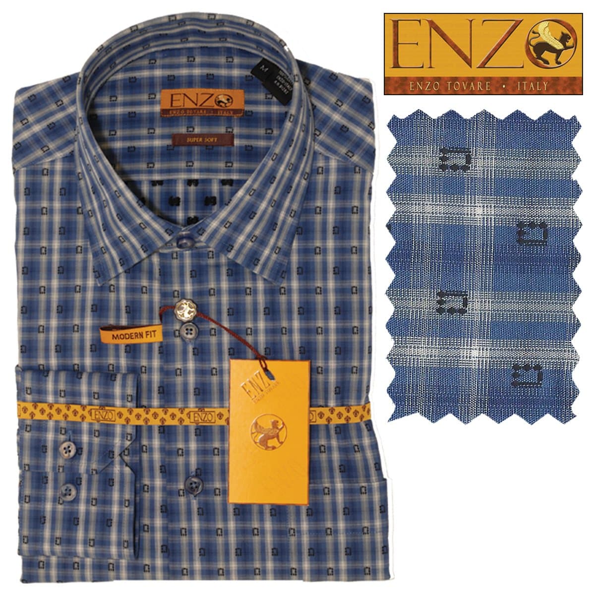Clearance/ Enzo Sports Shirt Blue Square Plaid