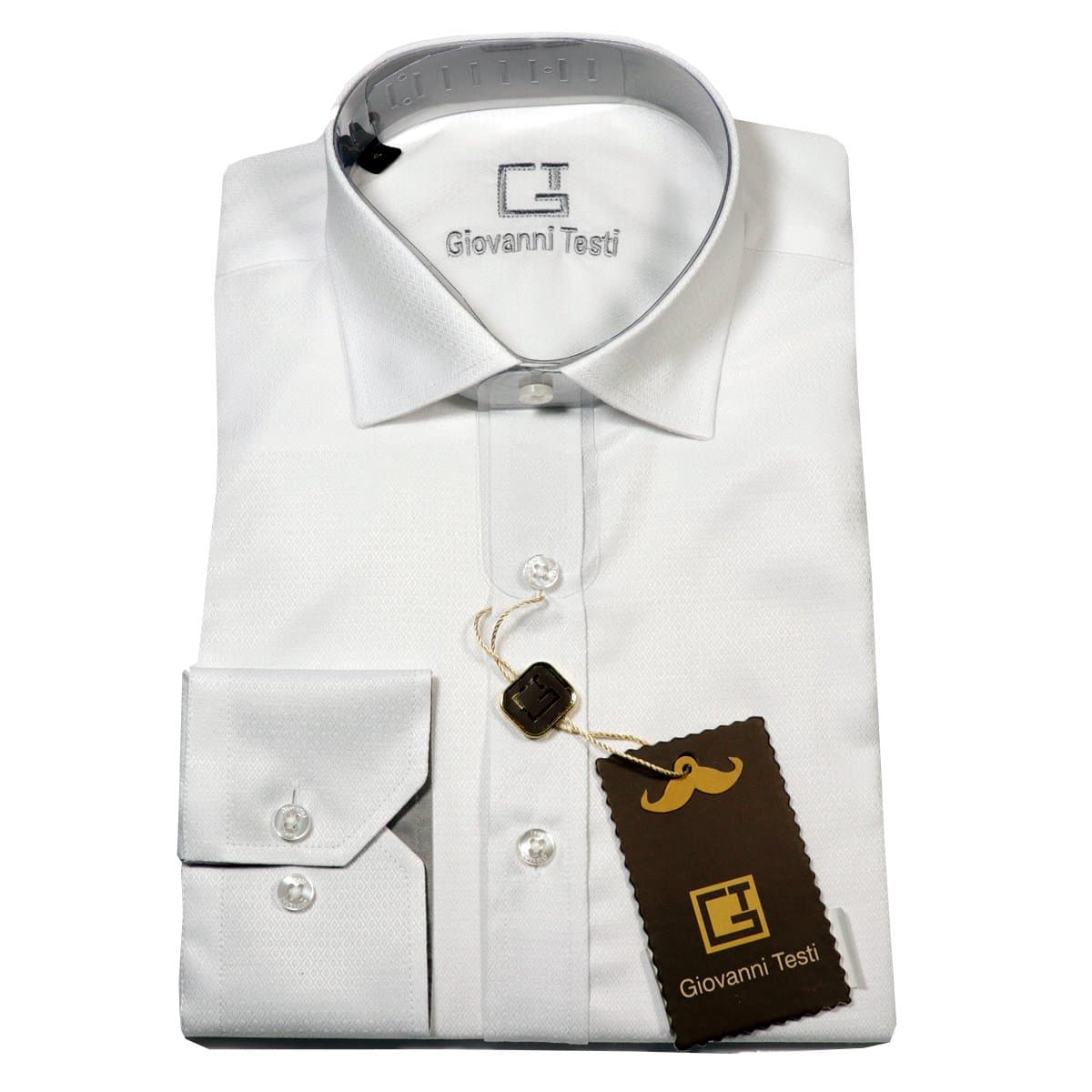 Giovanni Testi White Laydown Dress Shirt Micro-Diamond Fabric