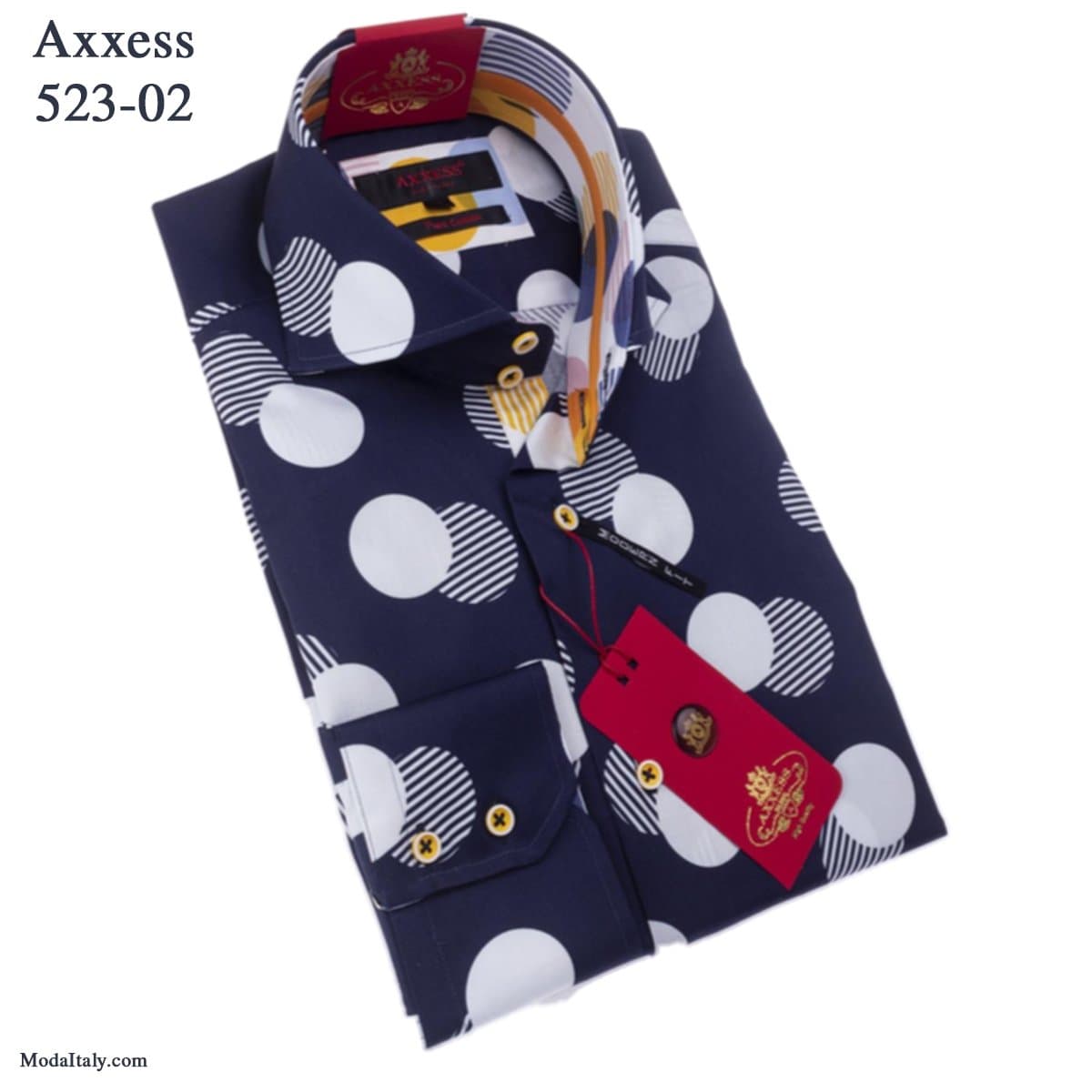 Axxess Navy Dot Spread High-Collar Barrel Cuff Dress Shirt