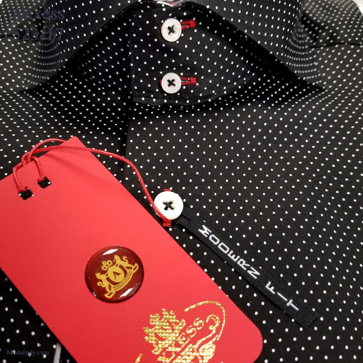 Axxess Black Micro-Dot High-Collar Dress Shirts Spread Collar thumbnail 3