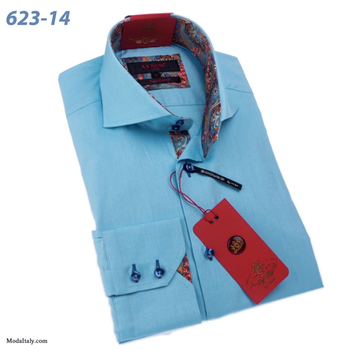 Axxess Azure Blue High-Collar Dress Shirts Spread Collar