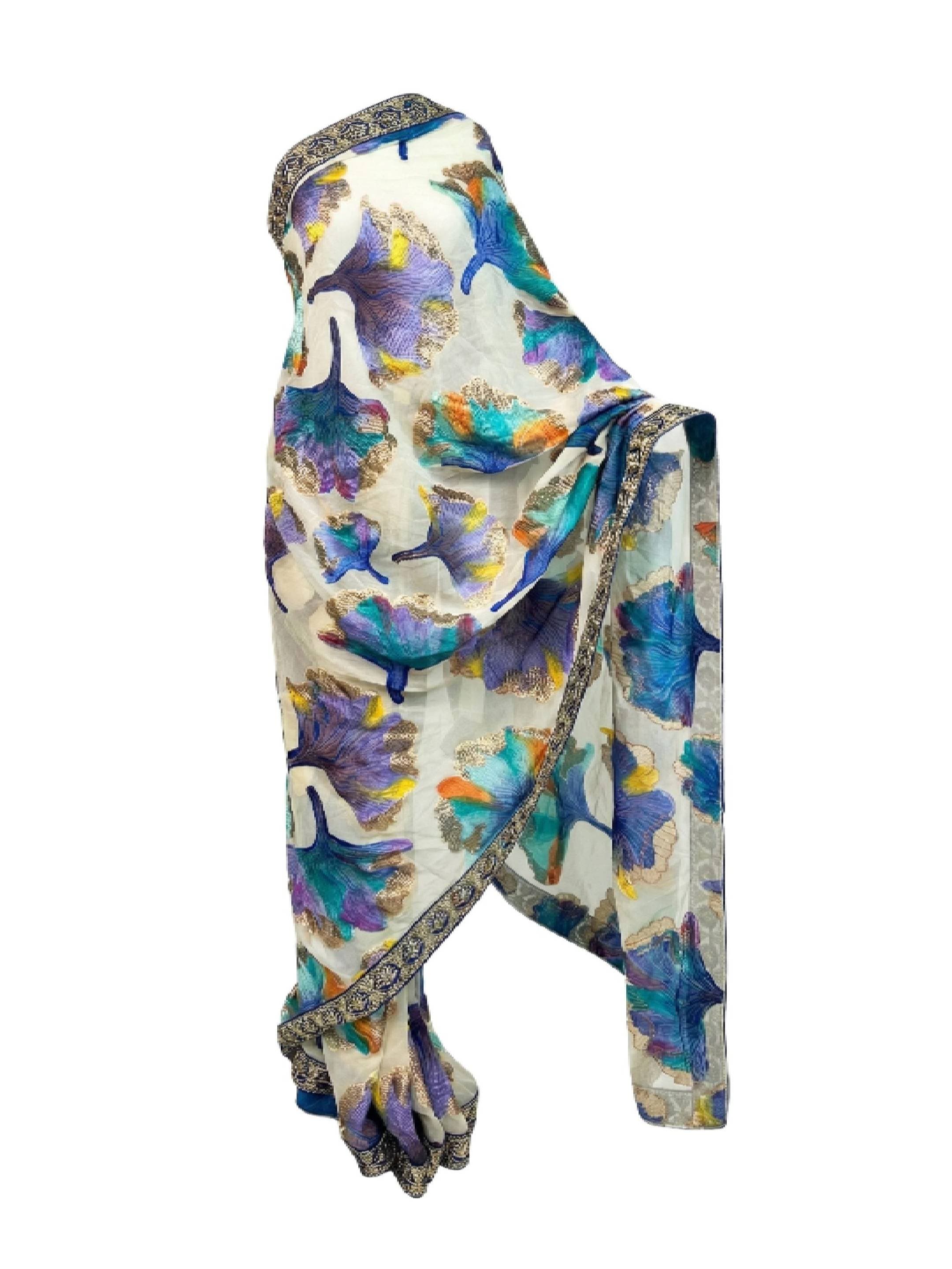 Hakoba Inc. Spectacular Off-White French Silk Chiffon Saree Handpainted