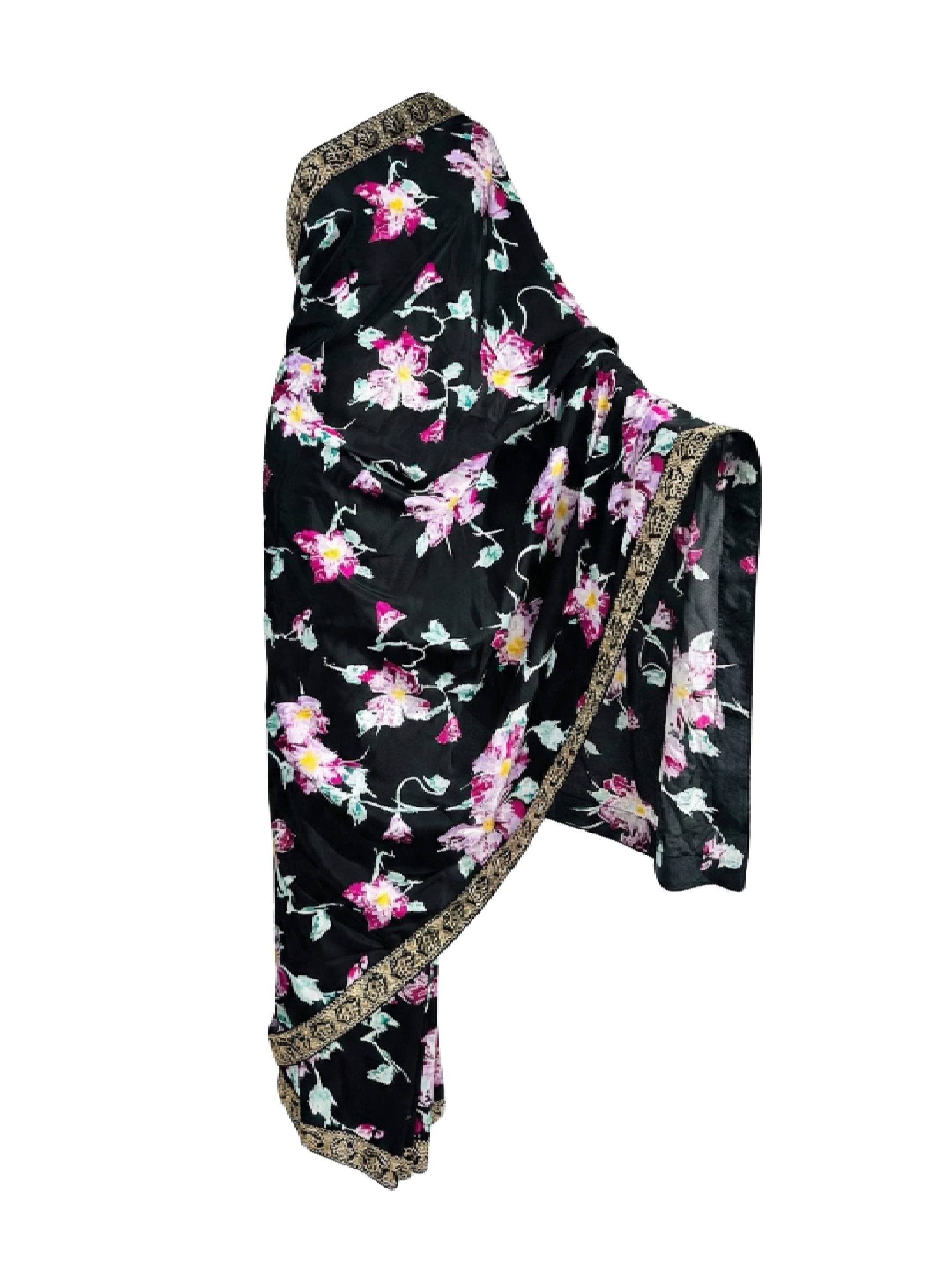 Hakoba Inc. Elegant Black Floral Print Saree With Ornate Gold Border