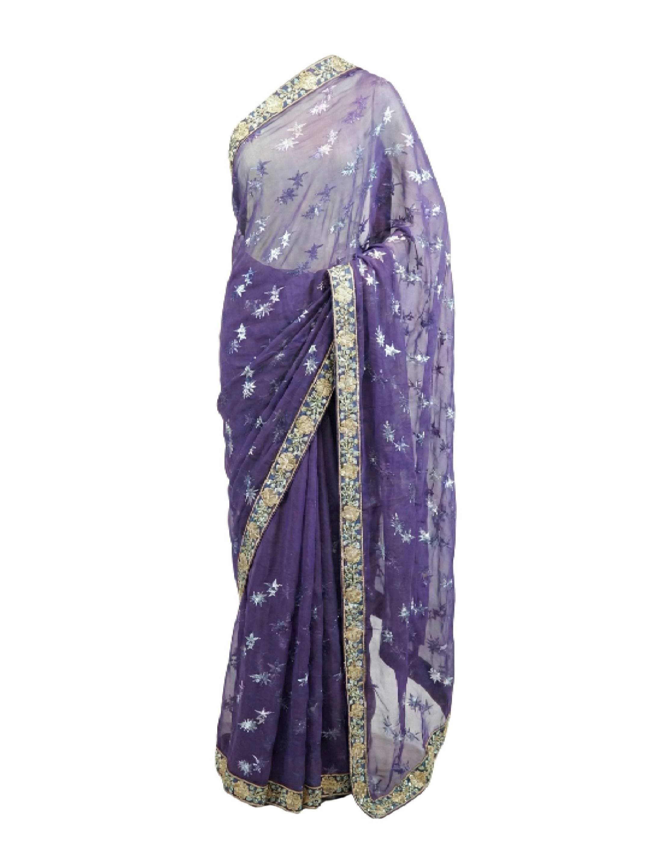 Hakoba Inc. Royal Purple Floral Embroidered Net Saree With Design Border