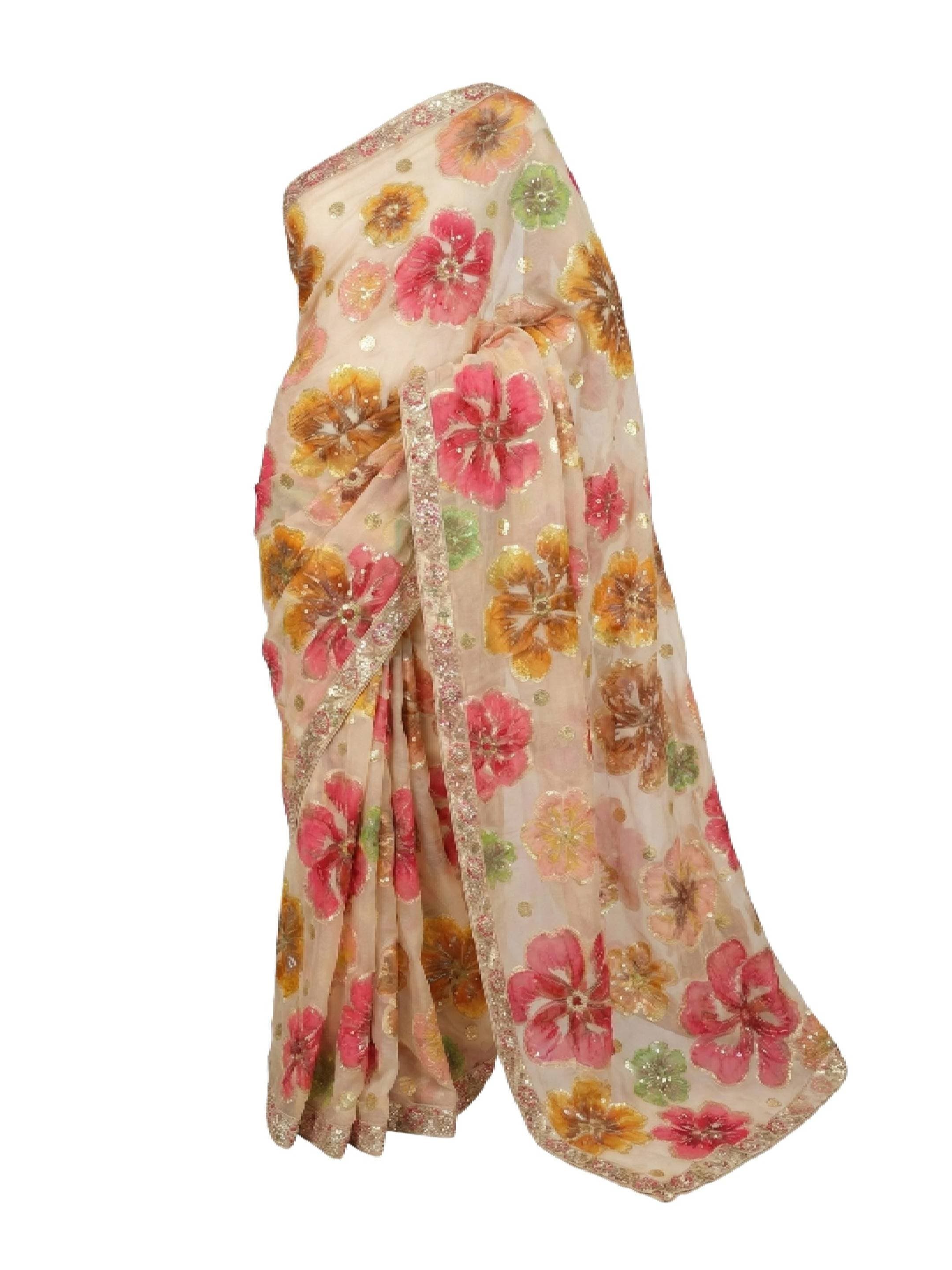 Hakoba Inc. Luxe Cream Organza Saree With Grand Multicolor Floral Motifs