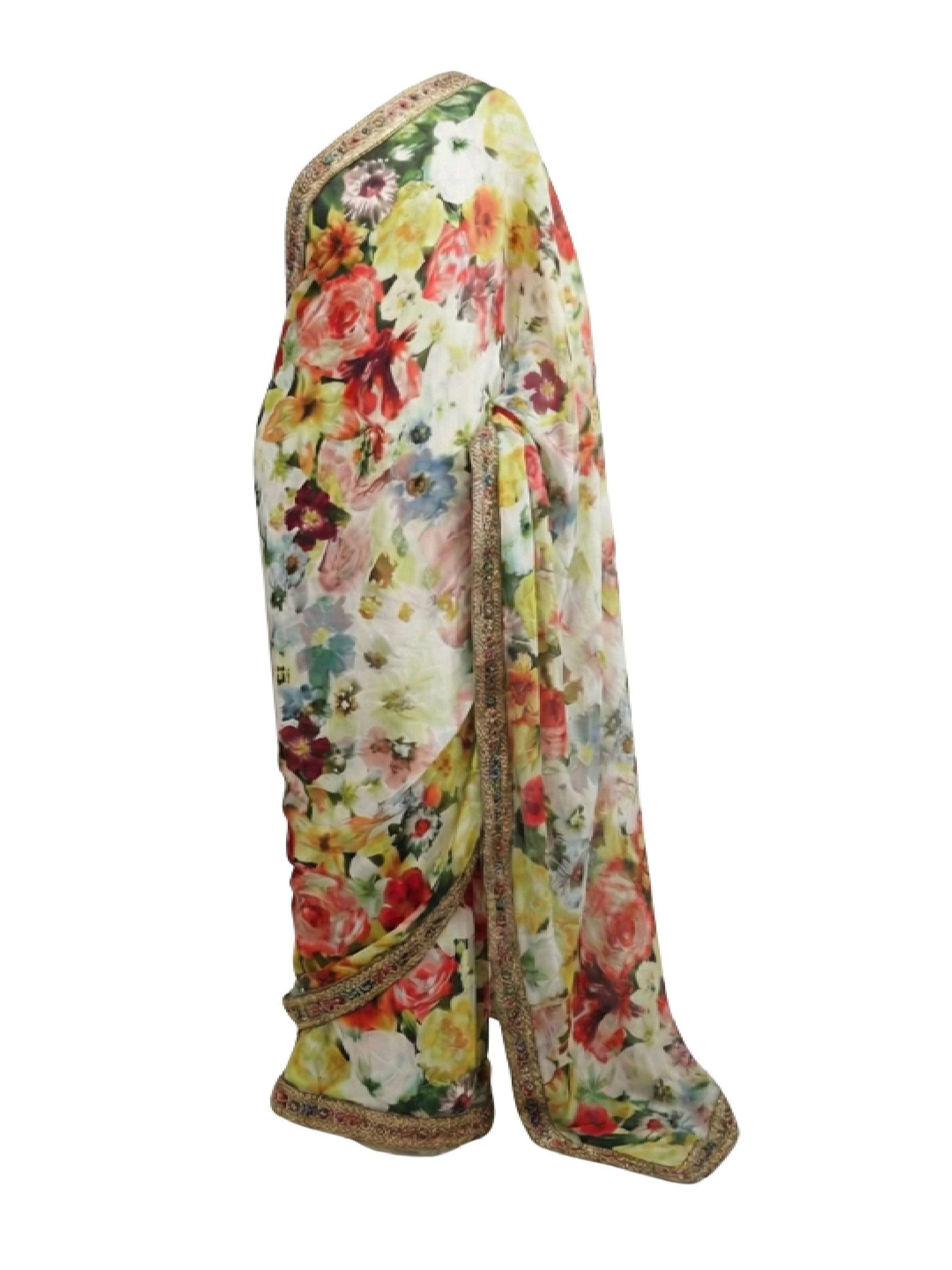 Hakoba Inc. Blooming Bouquet Floral Satin Saree With Ornate Embroidered