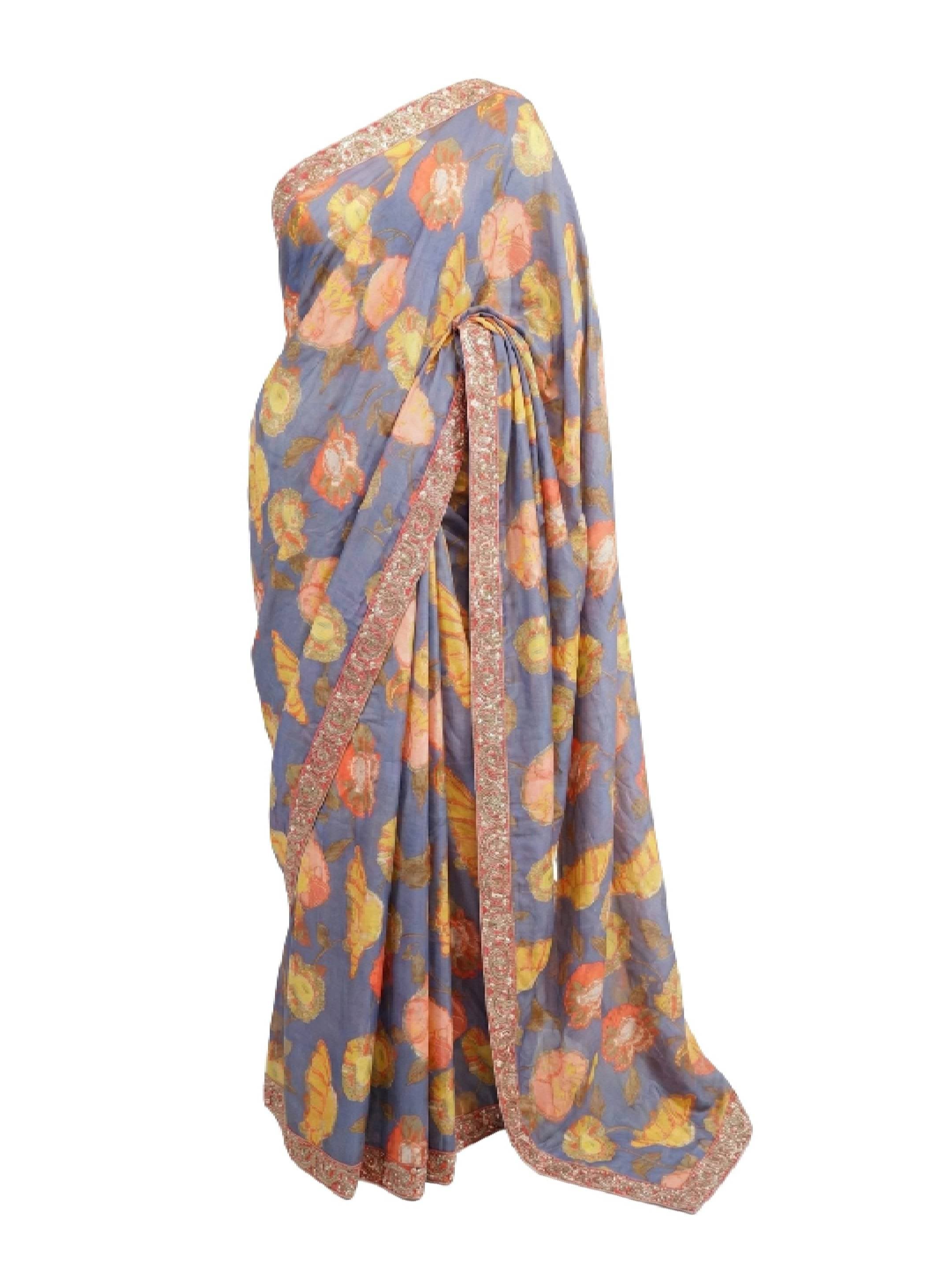 Hakoba Inc. Elegant Lavender Floral Saree With Pearl Border
