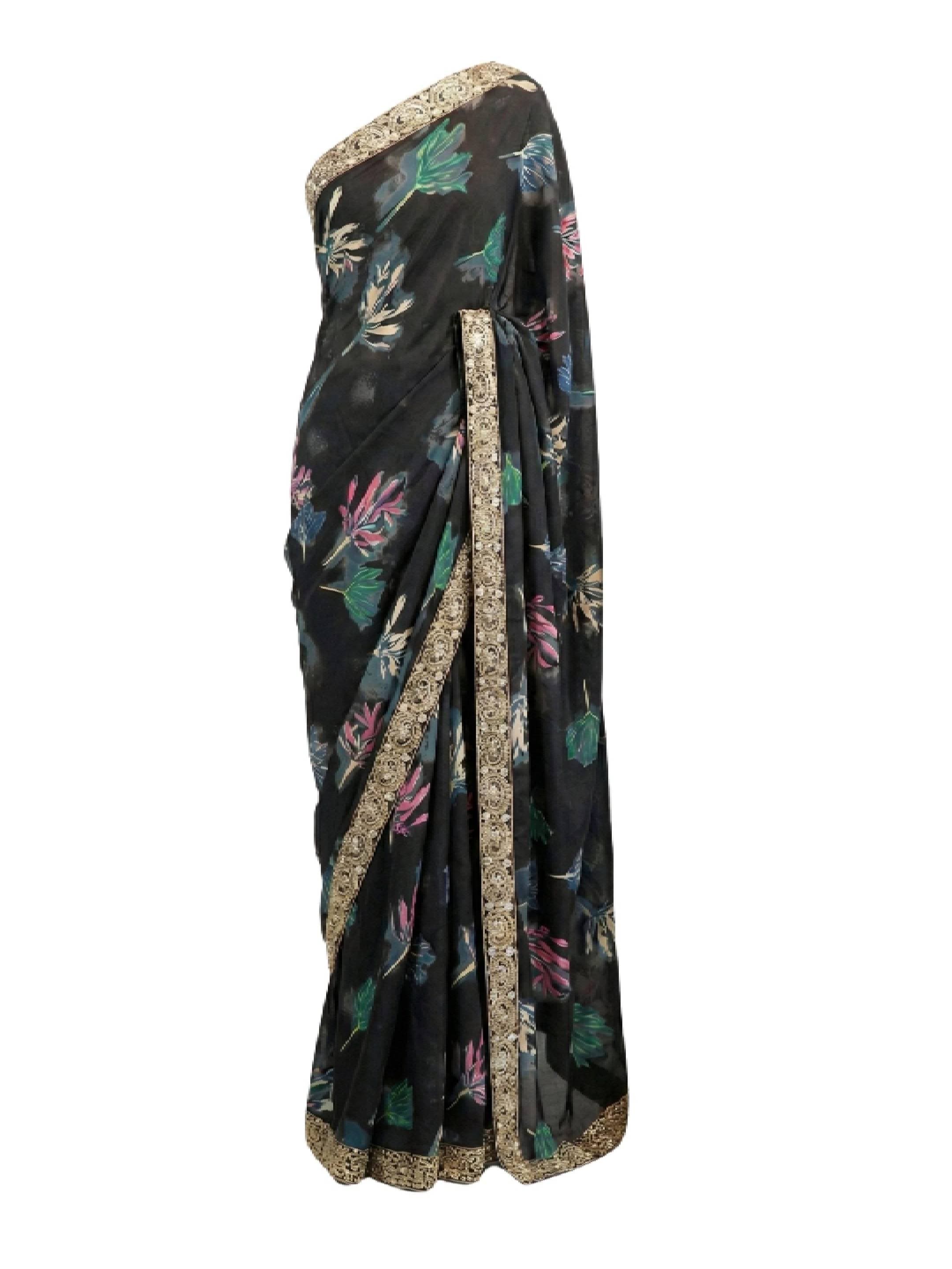 Hakoba Inc. Chic Black Floral Printed Saree With Ornate Zari Border