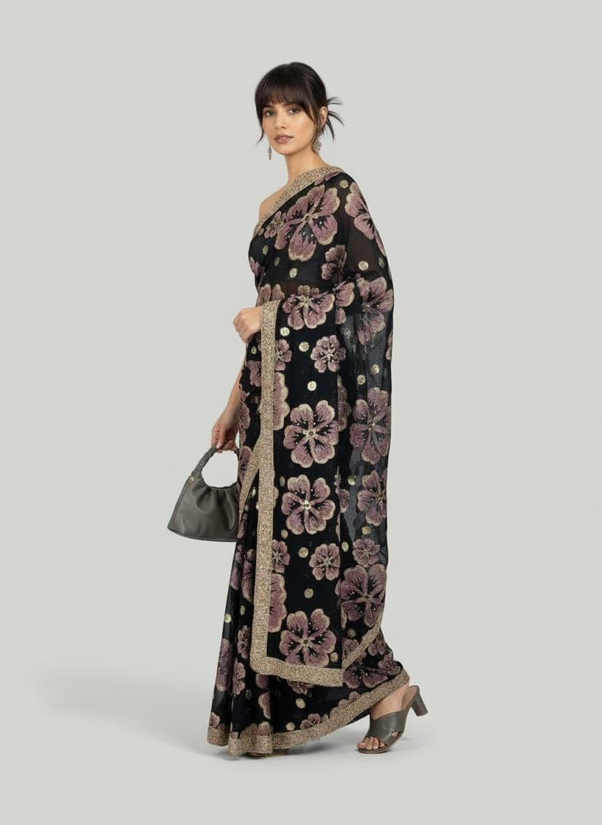 Hakoba Inc. Luxe Taupe Brown Saree With Majestic Gold Floral Motifs thumbnail 2