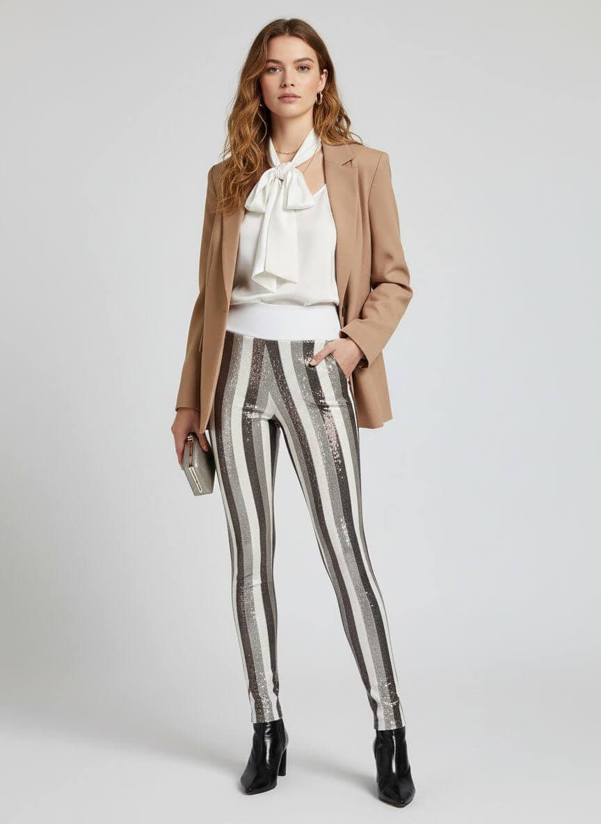 MundoE&amp;E Bronze And Beige Stripes Sequin Leggings Pants thumbnail 2