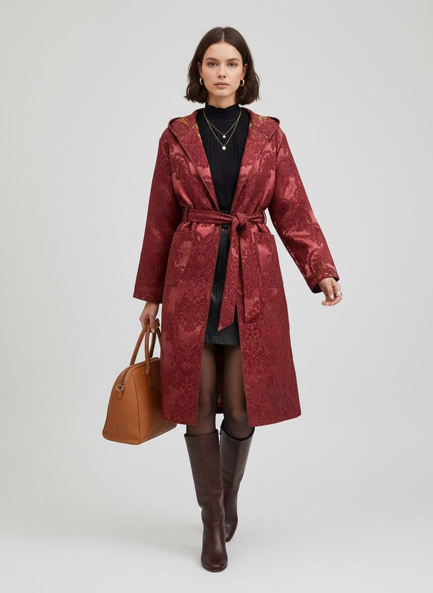 Bobo Marché Burgundy Long Hooded Long Coat thumbnail 2