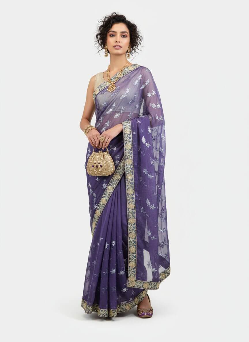 Hakoba Inc. Royal Purple Floral Embroidered Net Saree With Design Border thumbnail 2