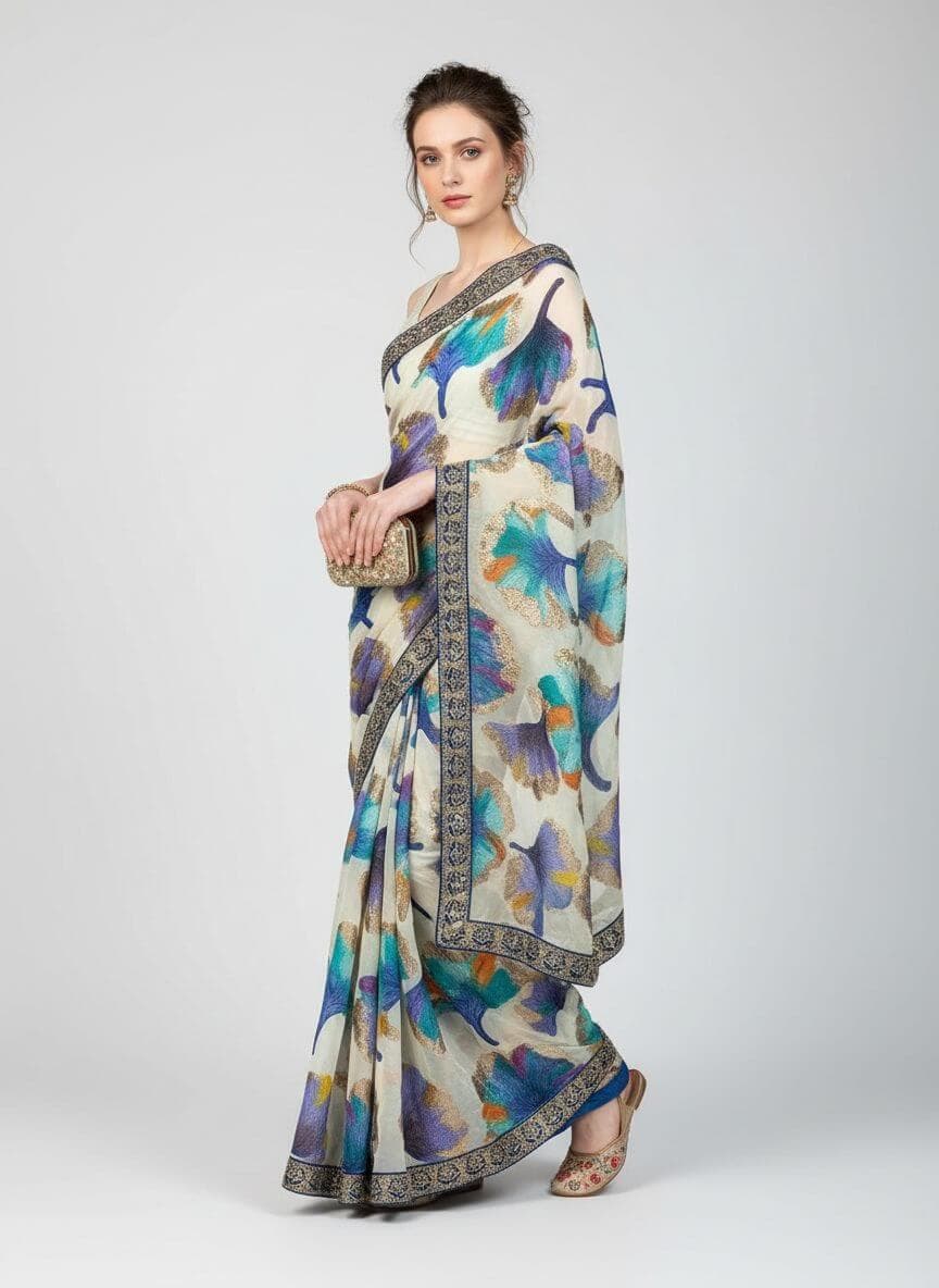 Hakoba Inc. Spectacular Off-White French Silk Chiffon Saree Handpainted thumbnail 2