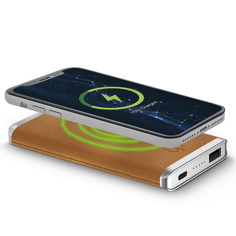 Tan – Leather 5K Wireless Charging Power Bank