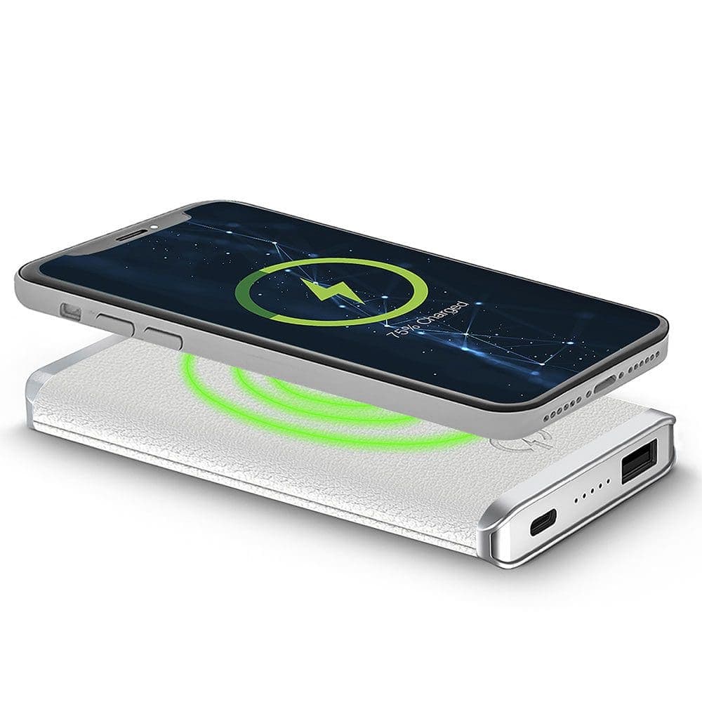 White – Leather 5K Wireless Charging Power Bank