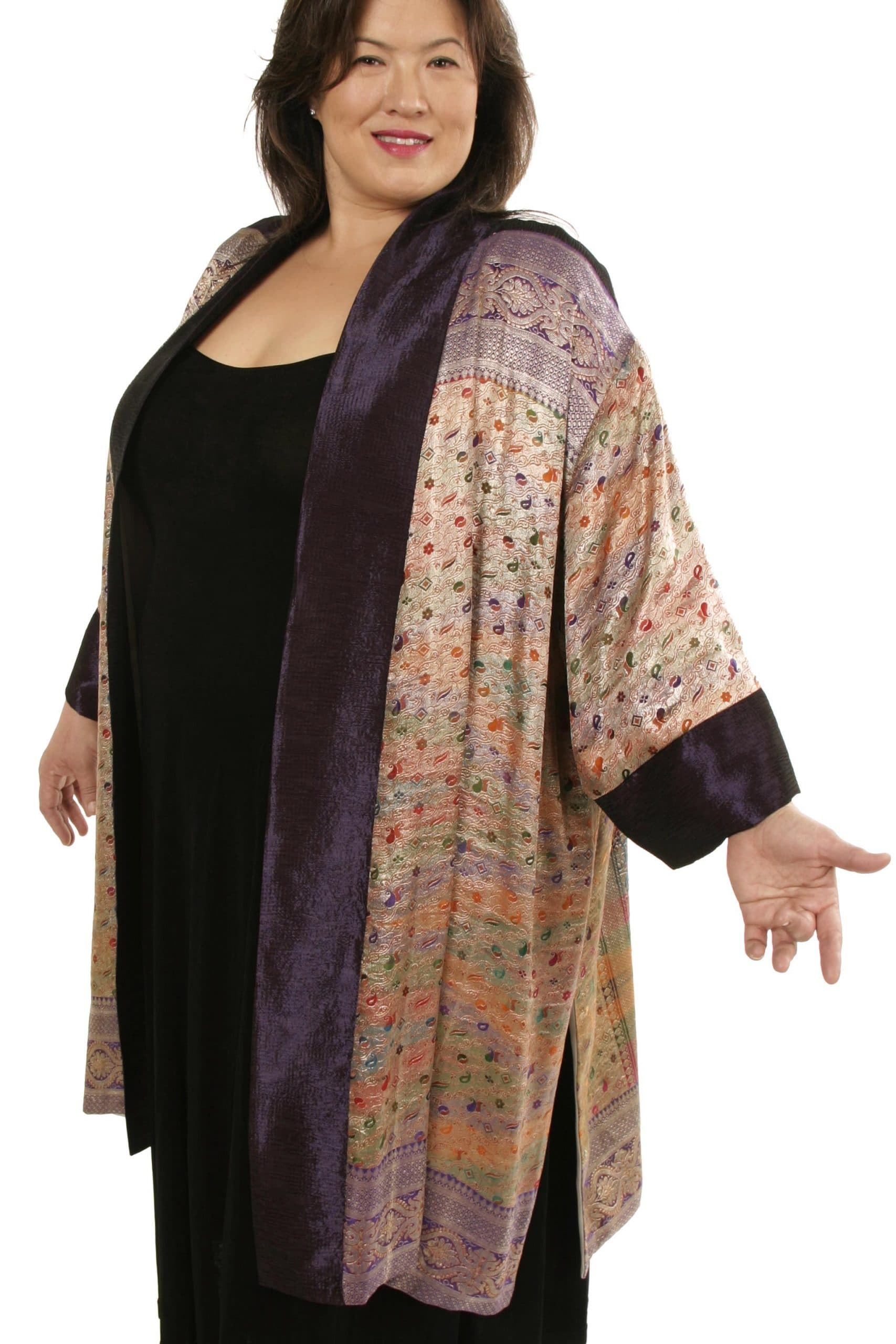 Plus Size Special Occasion Kimono Coat Sari Silk Purple Silver