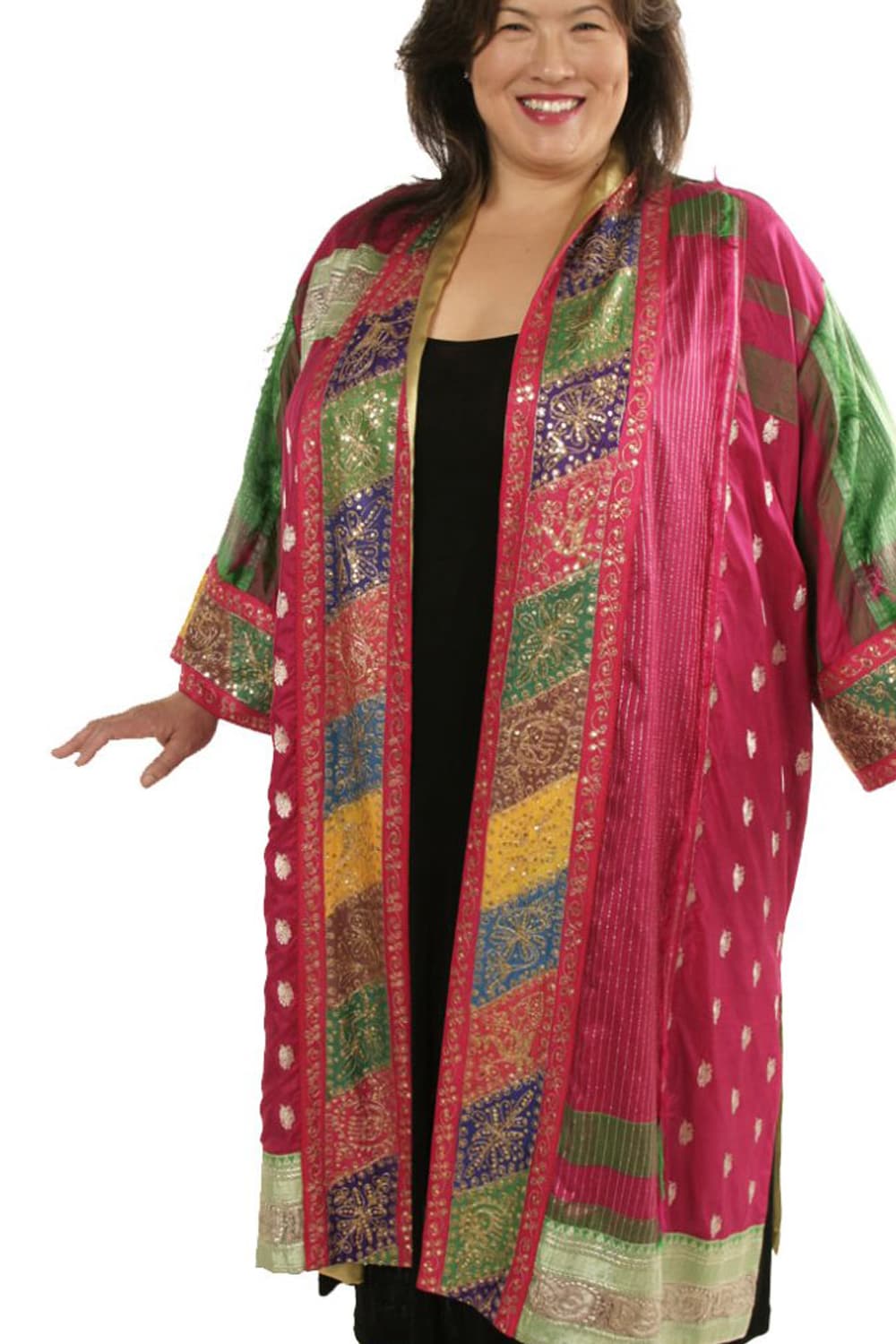Plus Size Special Occasion Kimono Jacket Artwear Sari Silk Gold Fuschia