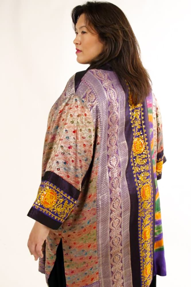 Plus Size Special Occasion Kimono Coat Sari Silk Purple Gold Silver
