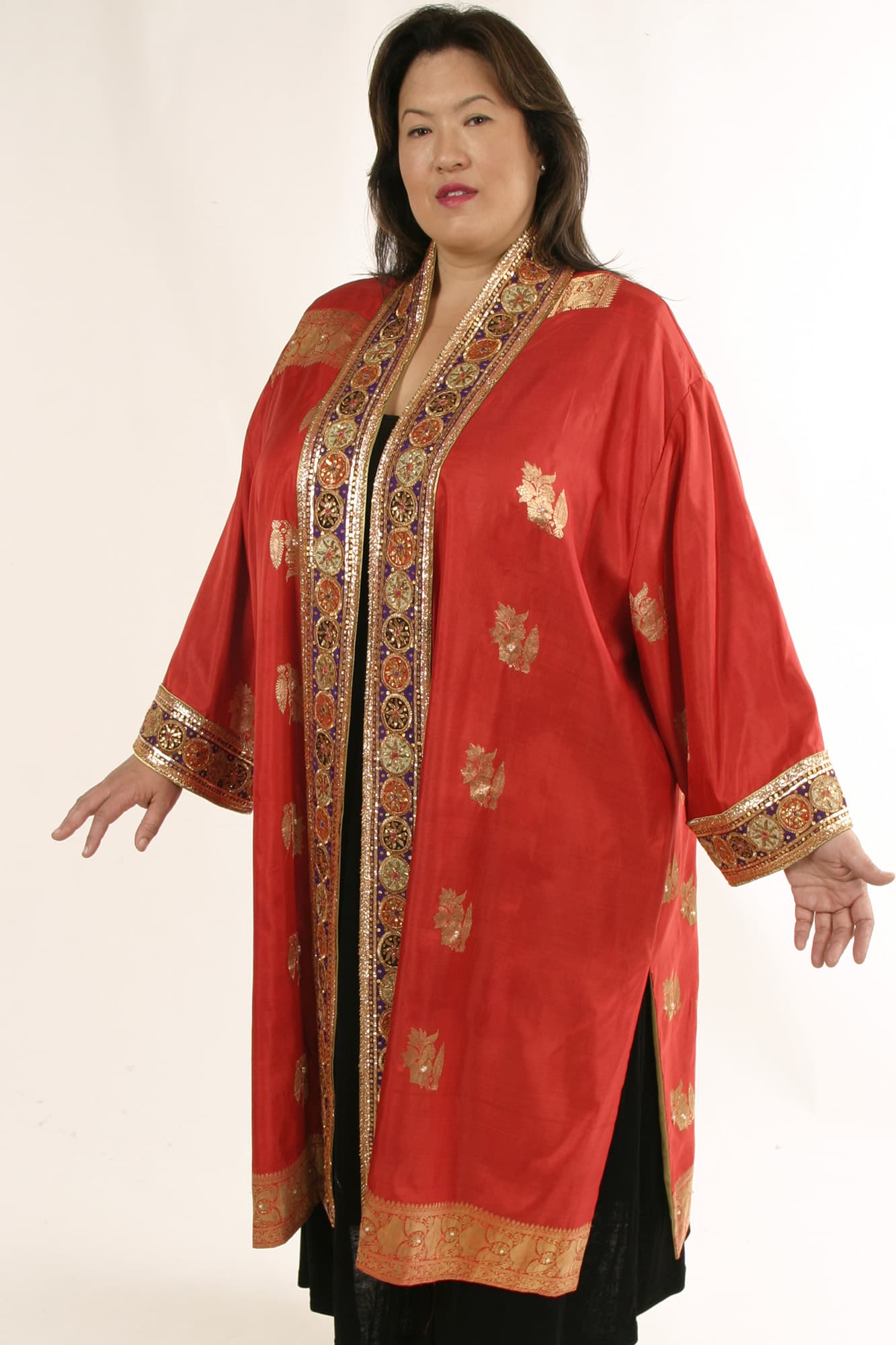 Plus Size Special Occasion Kimono Coat Sari Silk Red Gold 30 -36