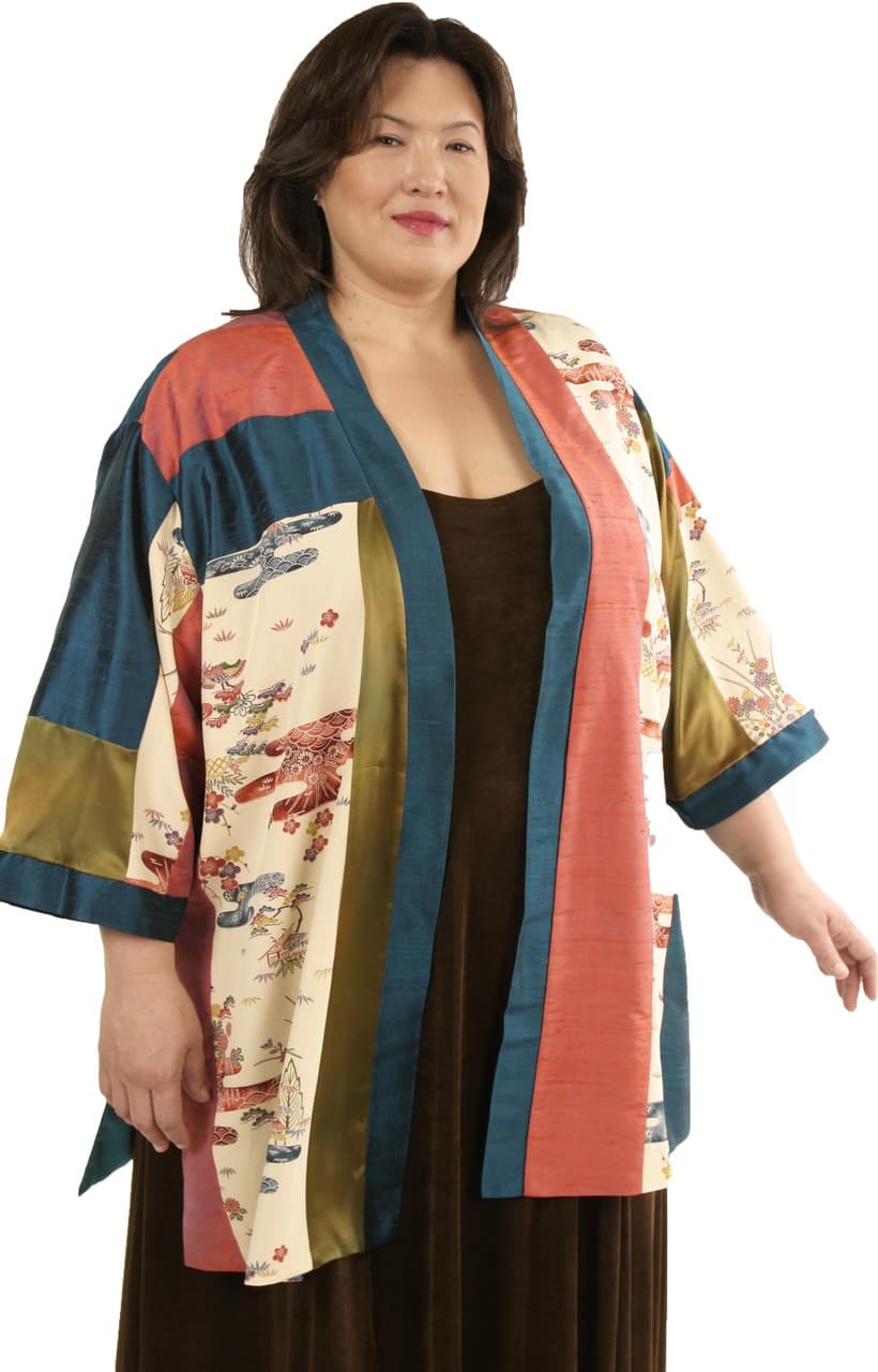 Plus Size Special Occasion Kimono Jacket Silk Artwear Teal Coral Bronze
