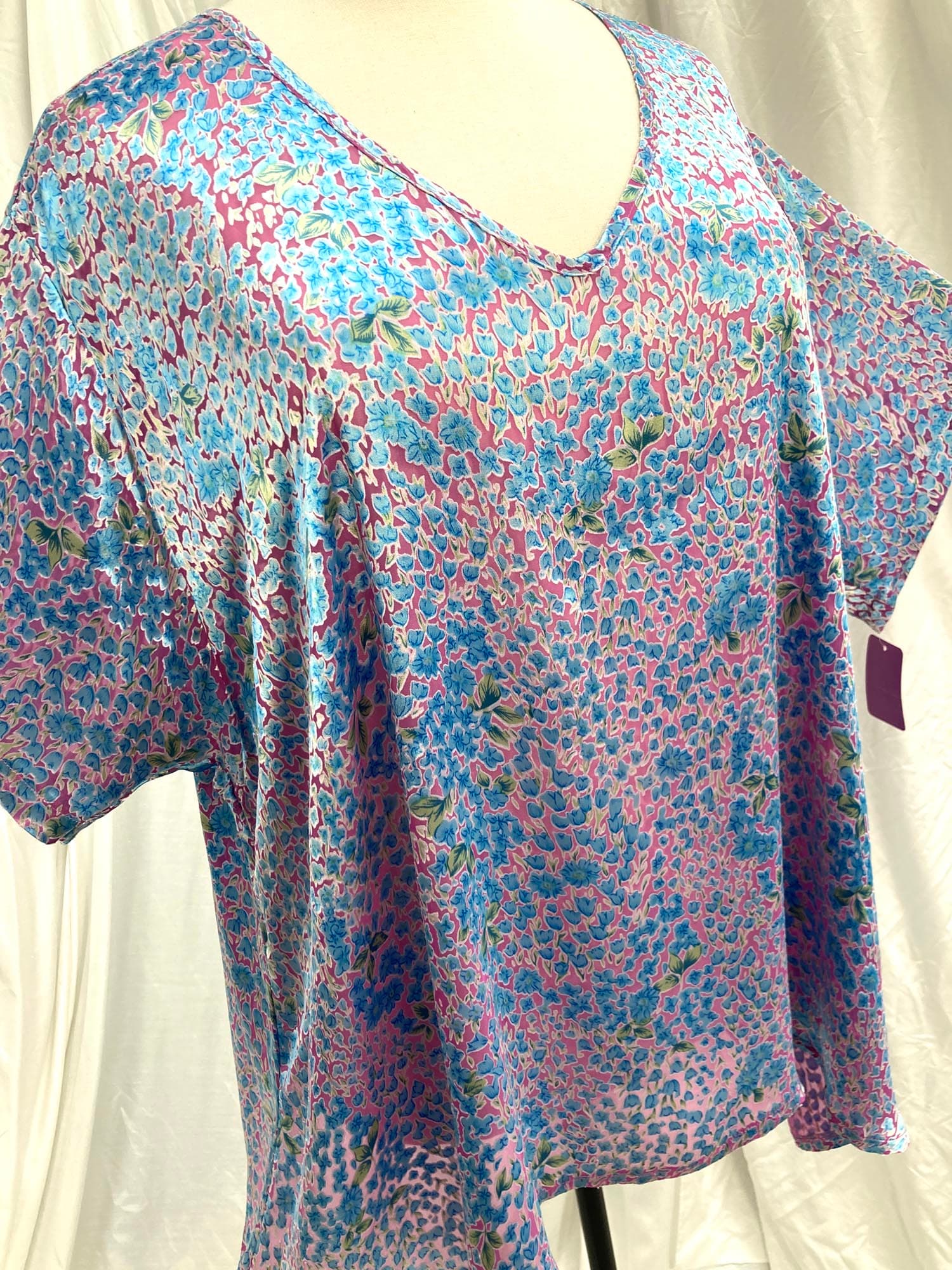 Plus Size Shell Top Silk Satin Burnout Tiny Floral Pink Blue 30/32