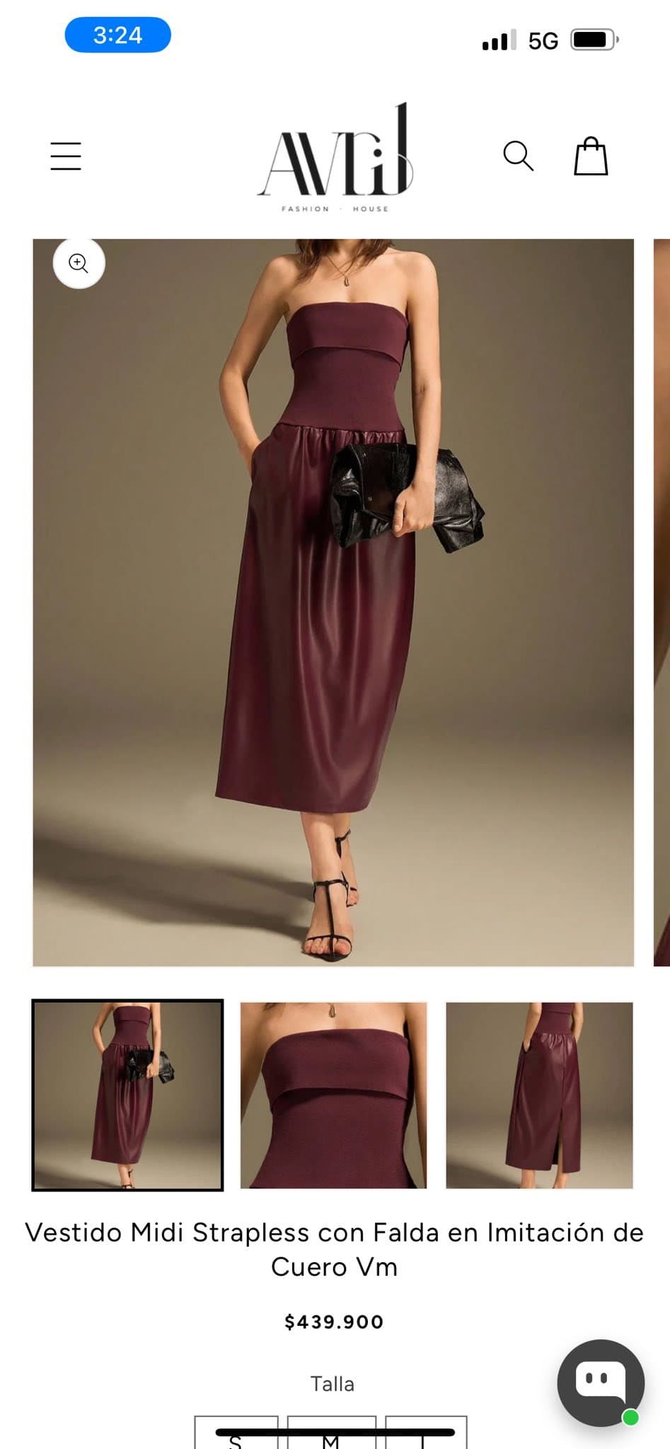 Vestido midi strapless en tono vino