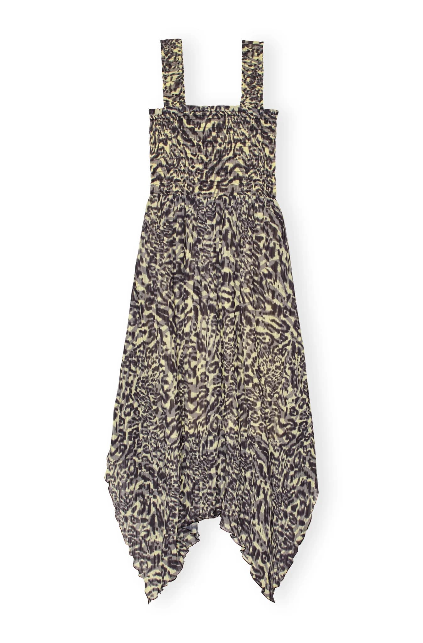 GANNI Pleated Georgette Smock Midi Strap Dress in Lemon Icing