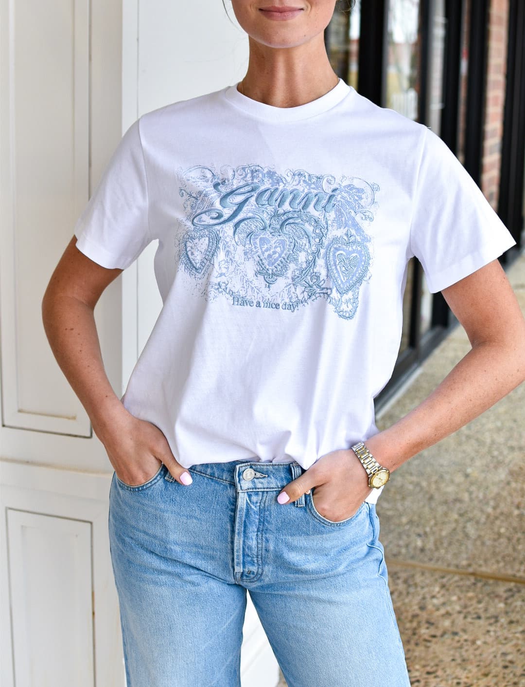 GANNI Basic Jersey Tattoo Lace Relaxed T-Shirt in Bright White