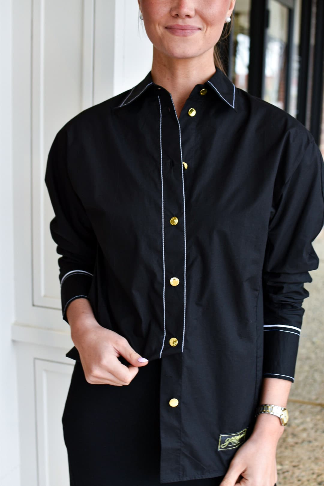 GANNI Cotton Poplin Long Sleeve Raglan Shirt in Black