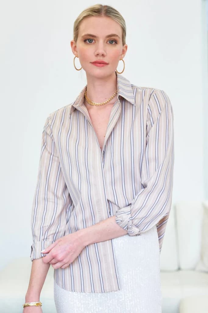 FINLEY Mason Cafe Au Lait Stripe Shirt in Tan/Black/White