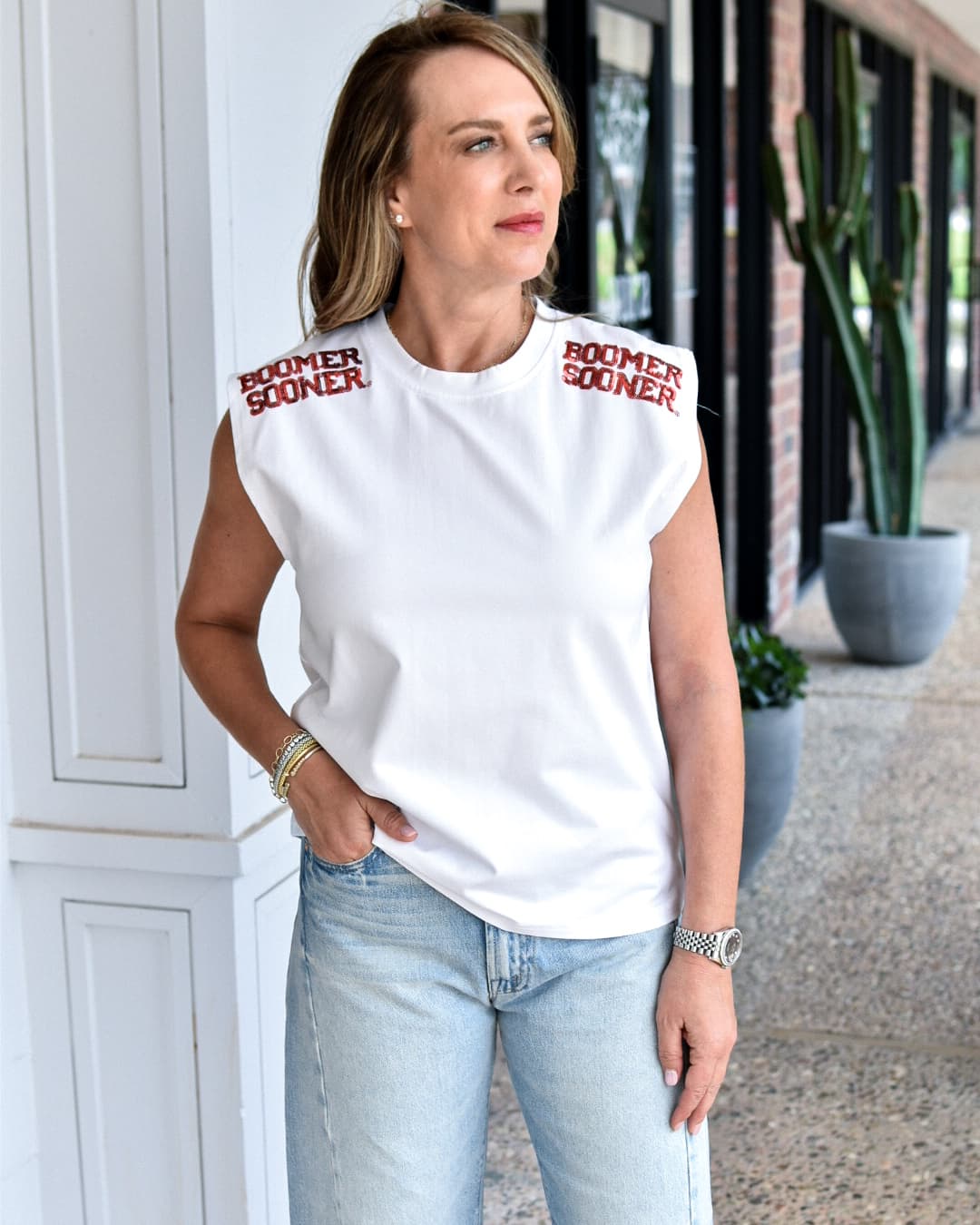 SPARKLE CITY OU Party Shoulder Helmet Tank in White