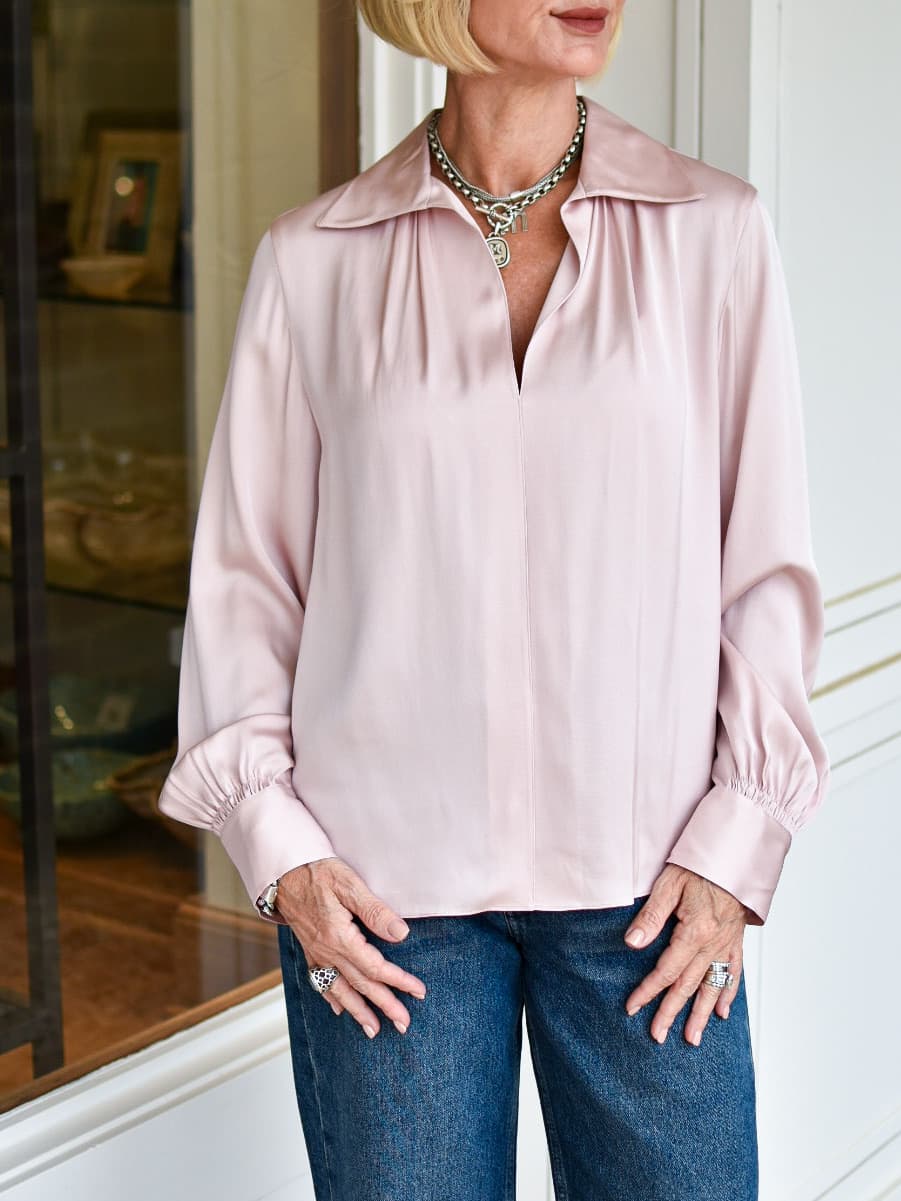 VINCE Placed Smocked Long Sleeve Blouse in Balletto