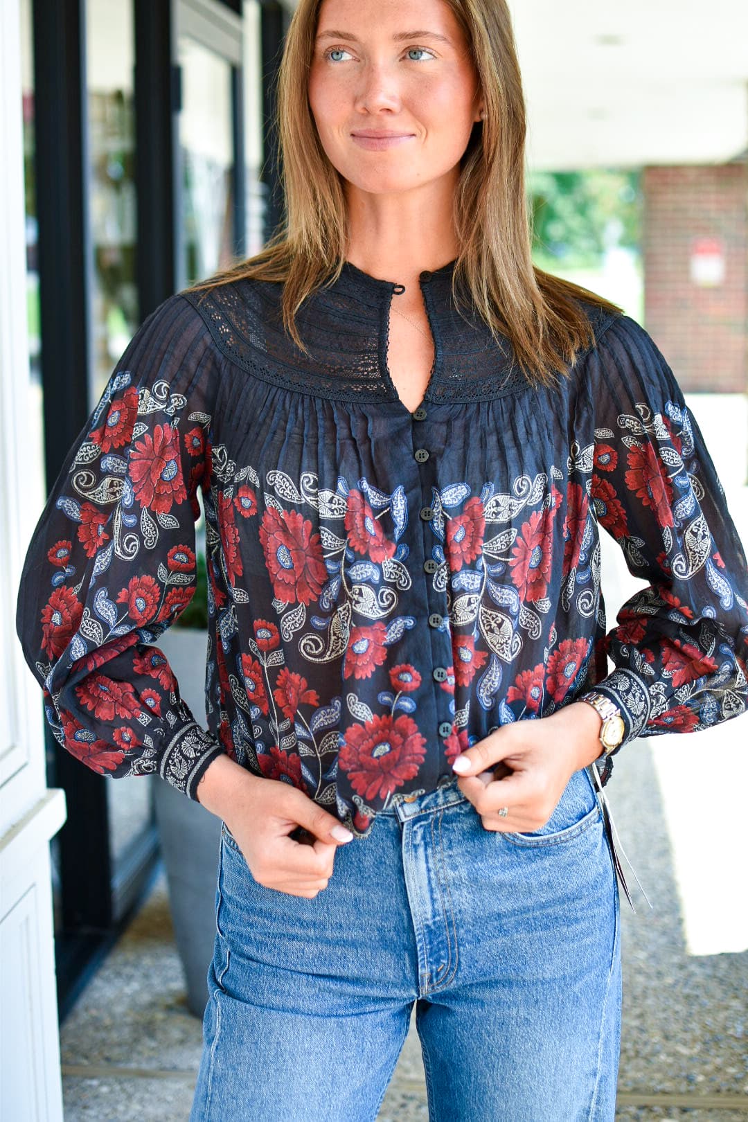 FARM RIO Valentina Long Sleeve Blouse in Black