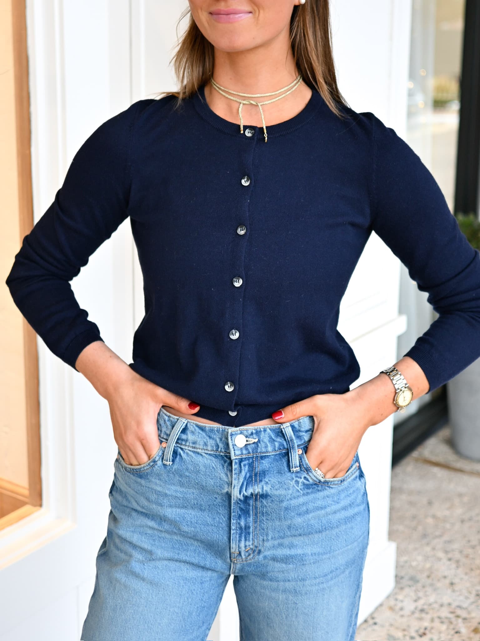 PERFECT WHITE TEE Moira Cotton Cashmere Cardigan in Navy