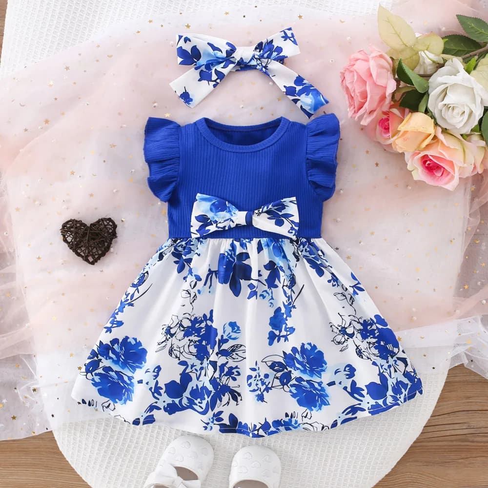 Summer New Blue Bow Baby Girl Dress, Fashionable Children’S Clothing With Free Hairband (6 Months -3 Years Old)