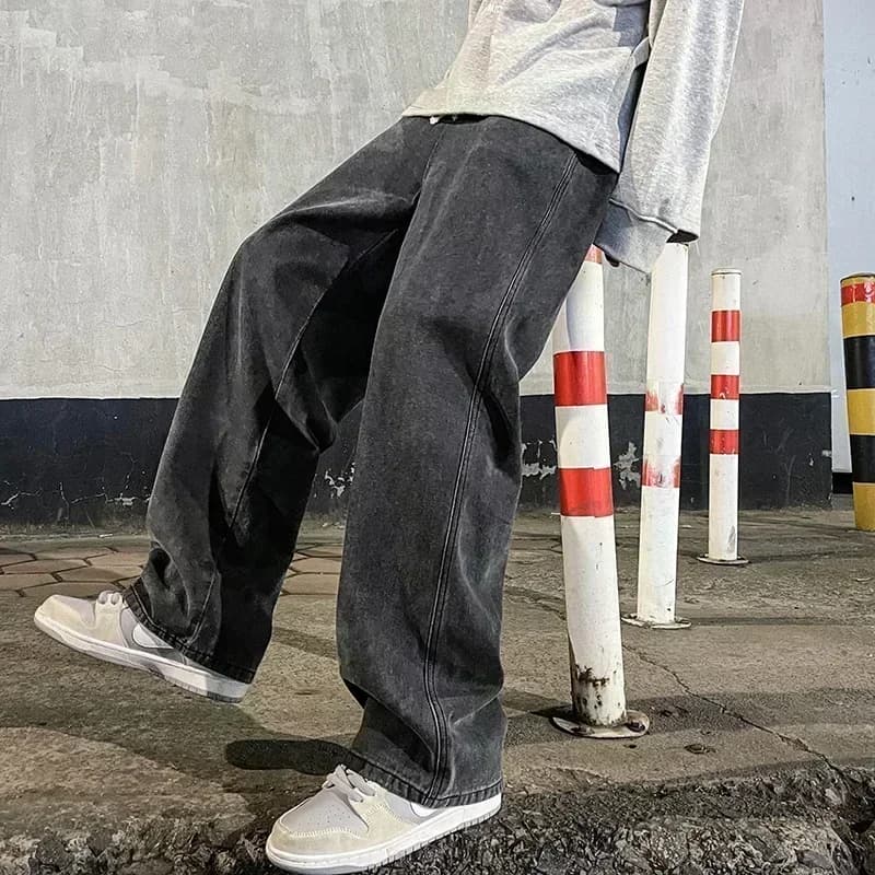 2024 New Streetwear Loose Jeans Men Korean Style Fashion Loose Straight Wide Leg Pants Men’s Brand Clothing Black Light Blue