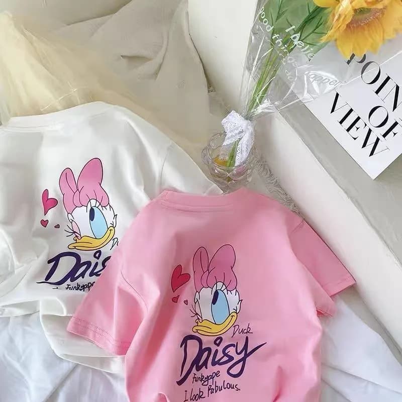 Girls Pink Tshirt Daisy Print Short Sleeve Tops Casual Fashion Versatile Tees Children New Round Neck Thin Loose Base Shirt thumbnail 2