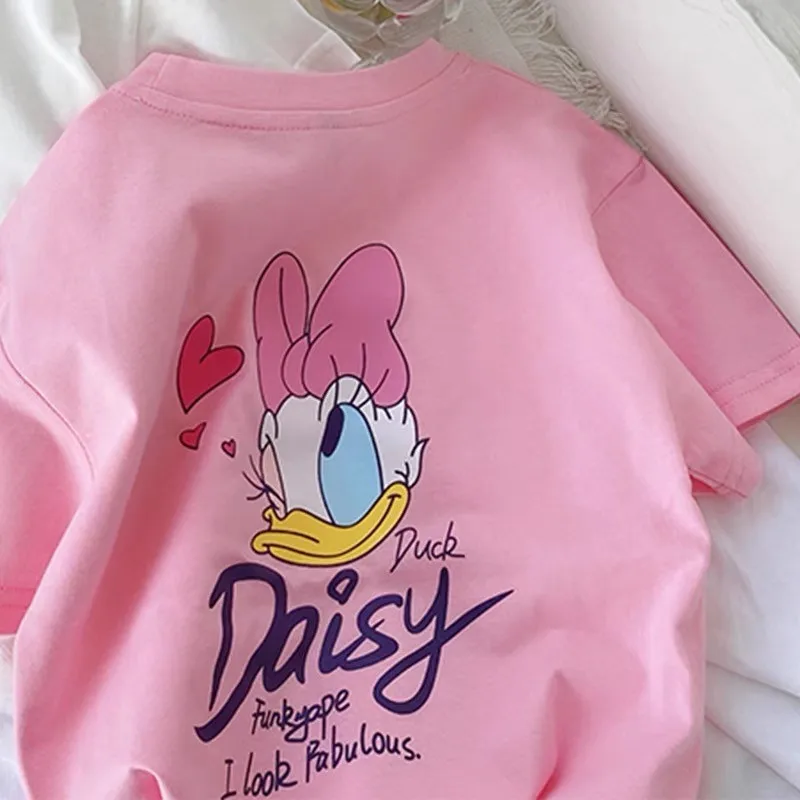 Girls Pink Tshirt Daisy Print Short Sleeve Tops Casual Fashion Versatile Tees Children New Round Neck Thin Loose Base Shirt thumbnail 3